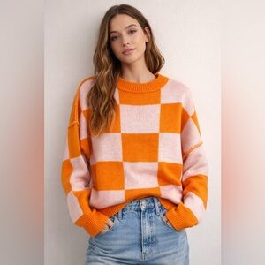 SHEIN Vibrant Checkered Sweater in Orange
